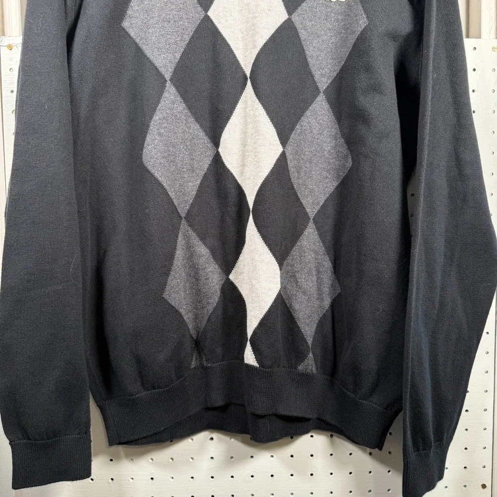Lacoste Pullover Sweater Men's Black Gray Argyle Diamond V-Neck Long Sleeve - XL